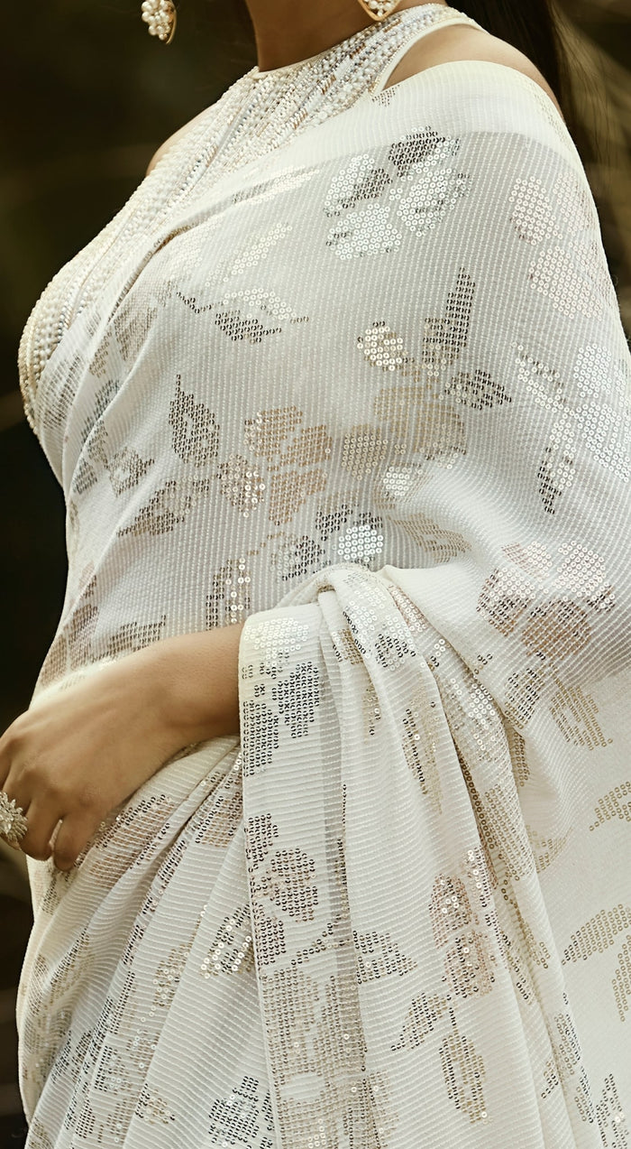 Ivory Sequins Pre Draped Saree