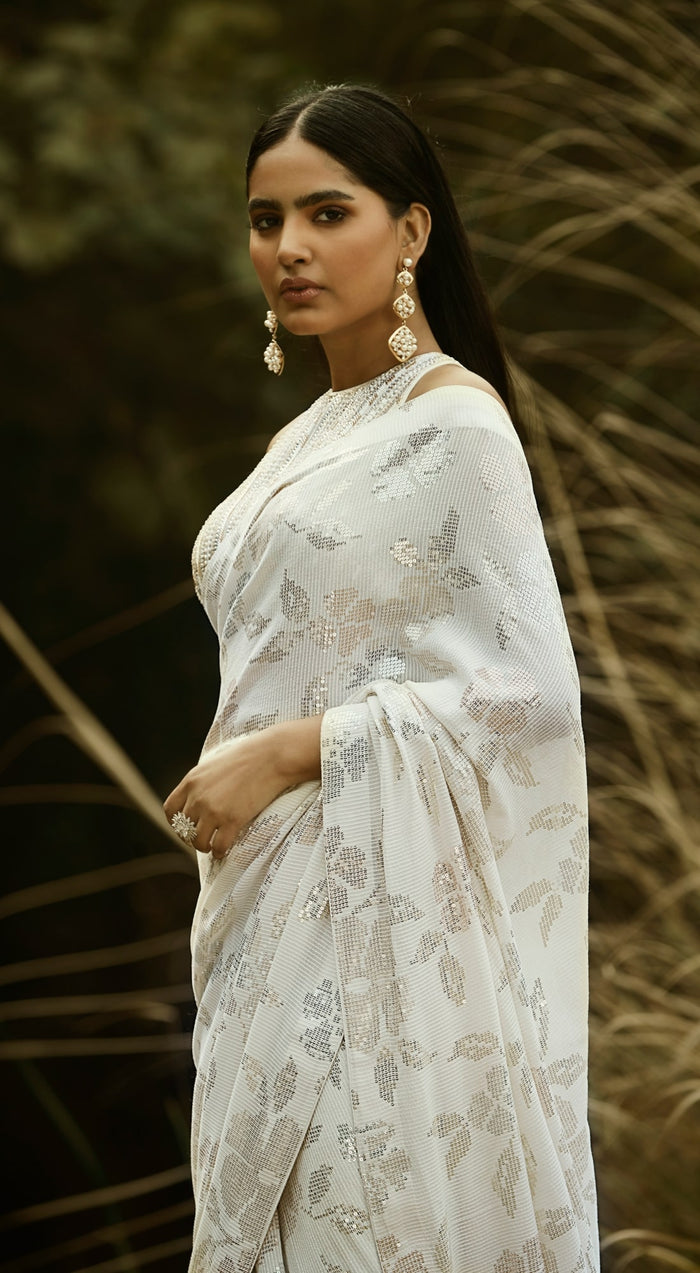 Ivory Sequins Pre Draped Saree