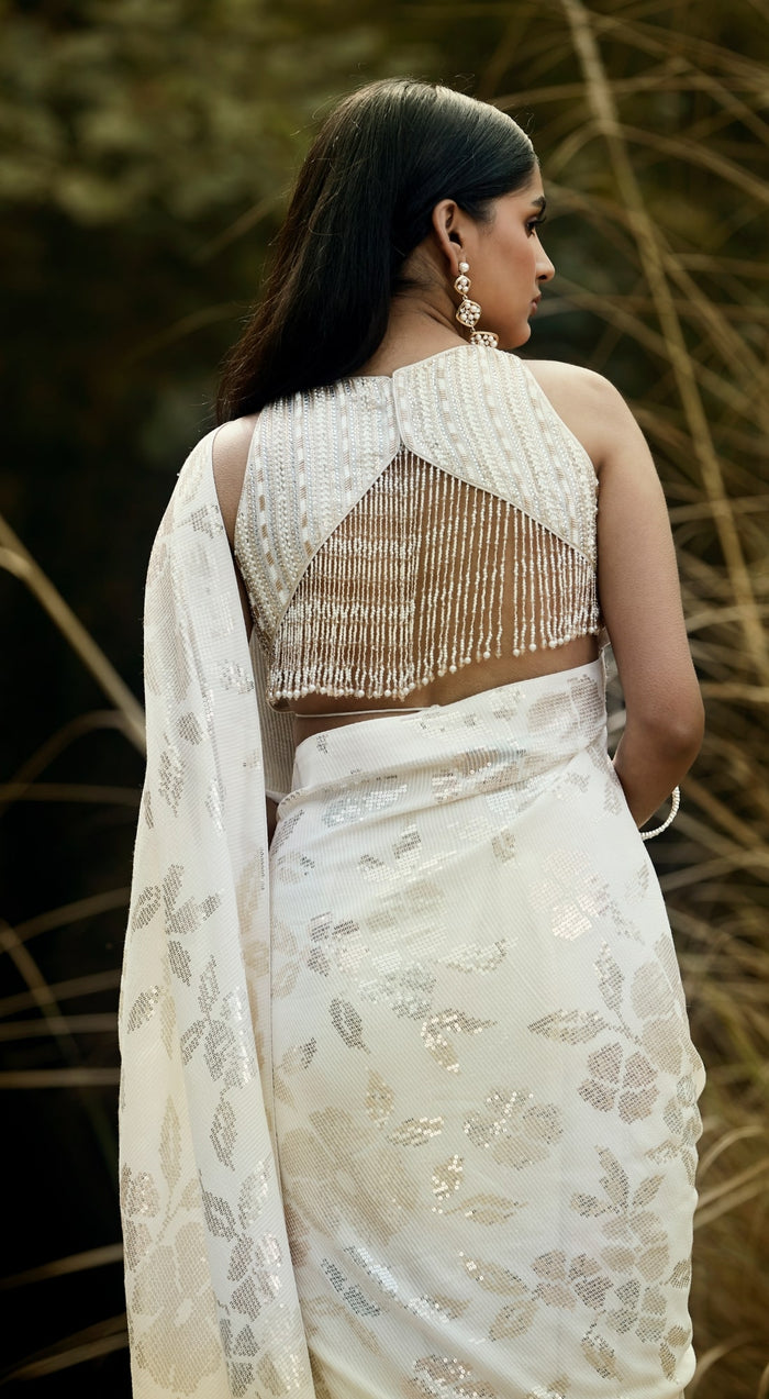 Ivory Sequins Pre Draped Saree