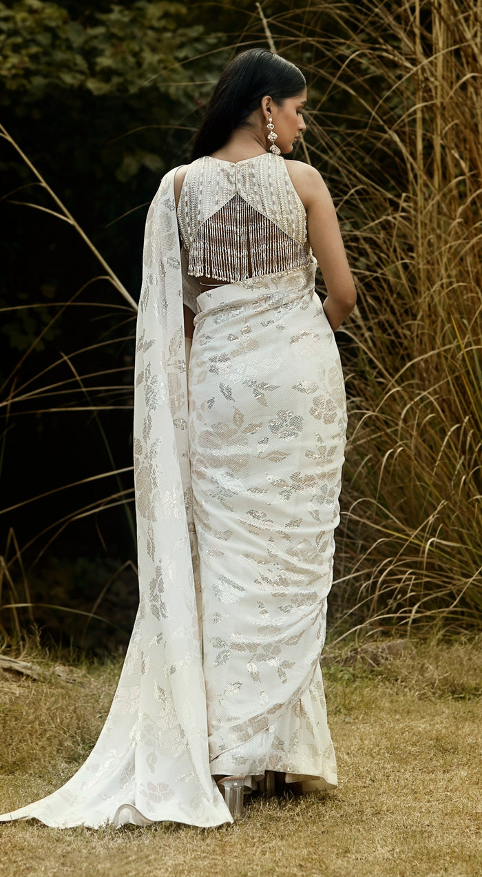 Ivory Sequins Pre Draped Saree