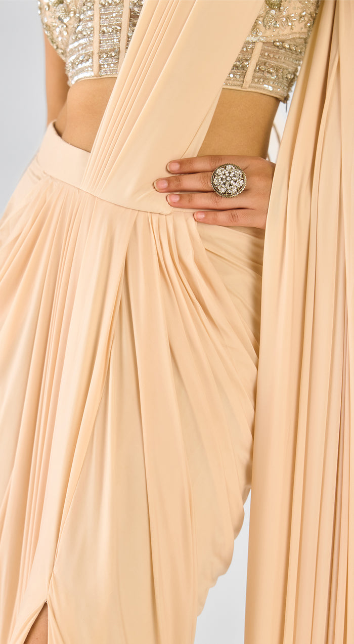 Ivory Viscose Organza Embroidered Draped Saree