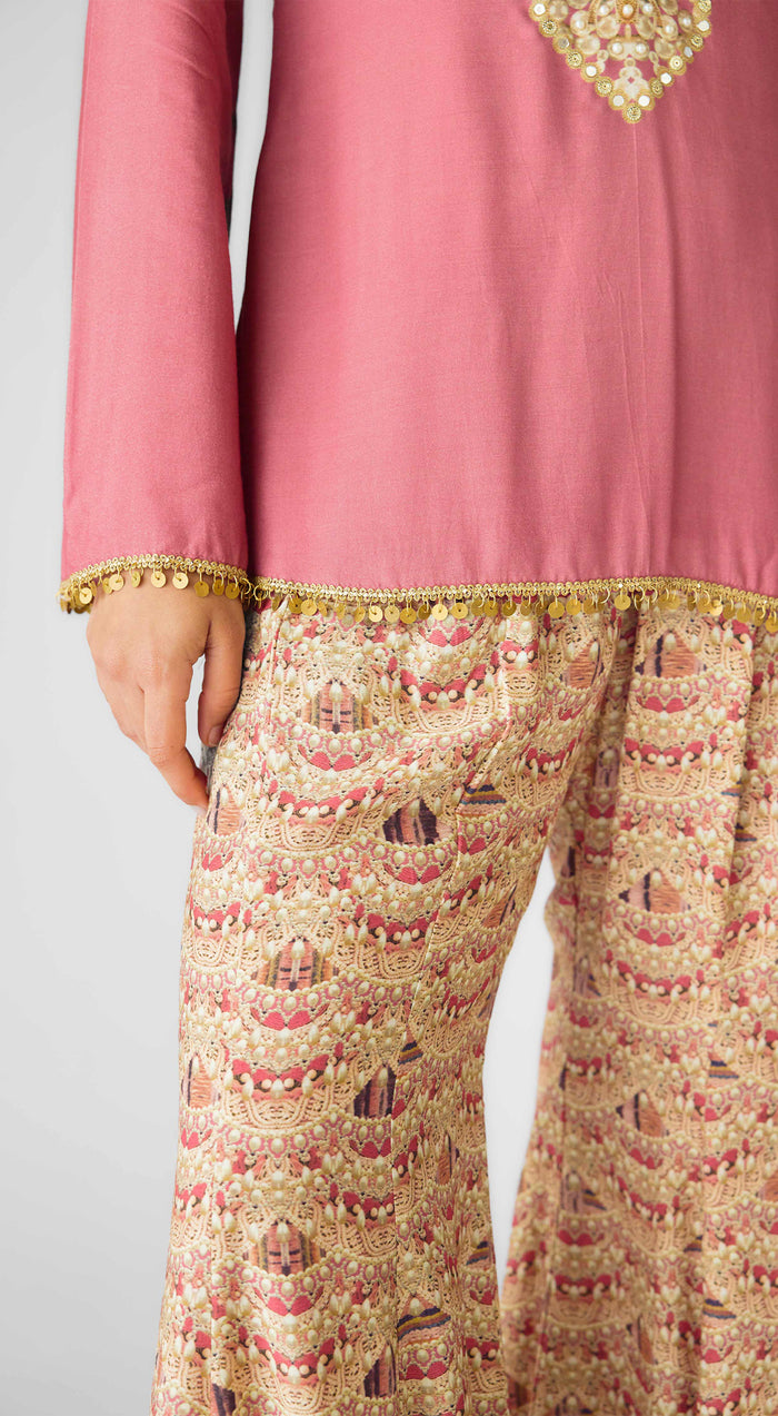 Pink Muslin Embroidered Sharara Set