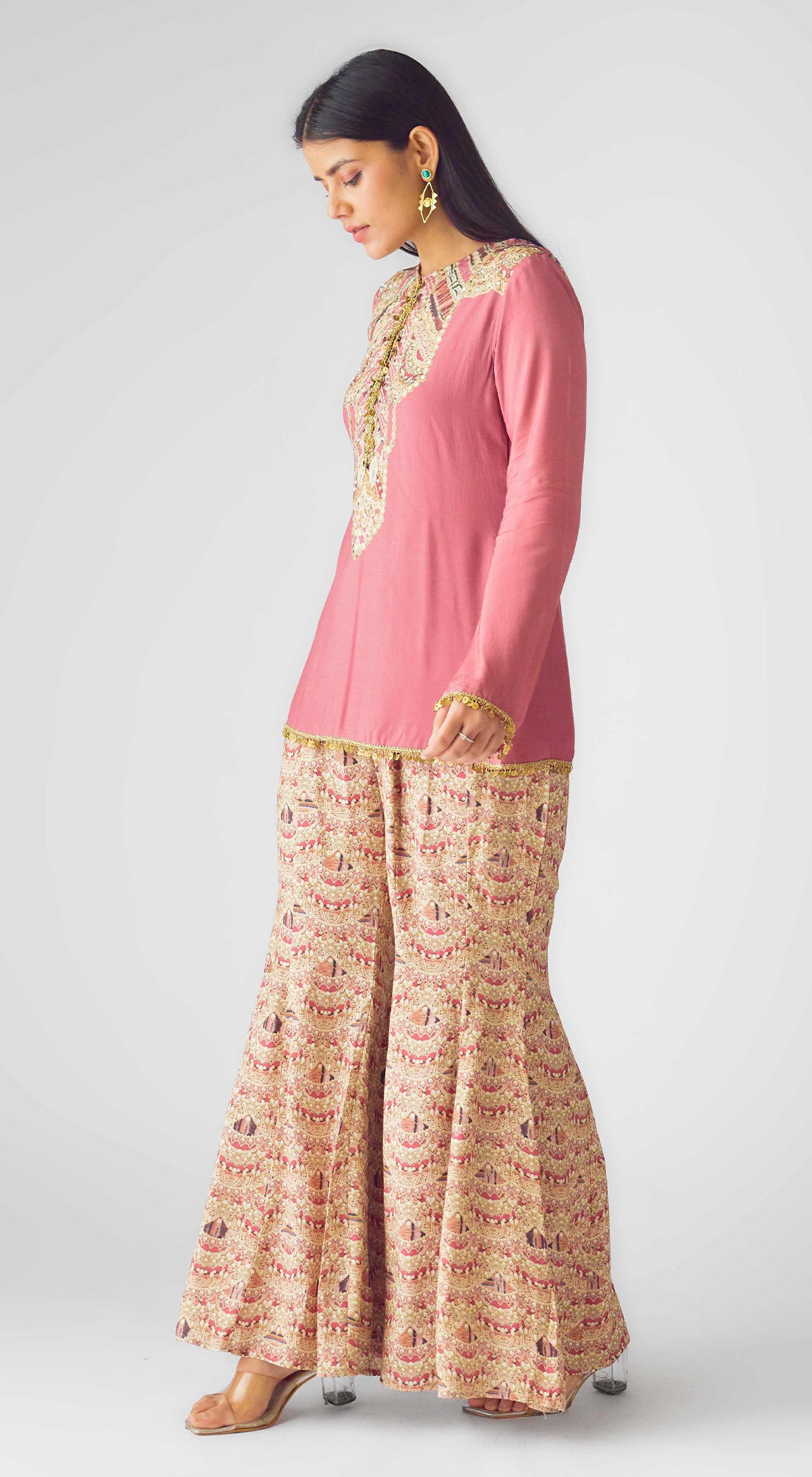 Pink Muslin Embroidered Sharara Set