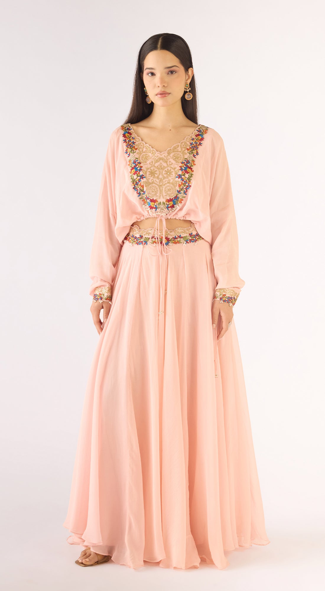 Pink Satin Crepe Embroidered Skirt Set