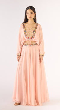 Pink Satin Crepe Embroidered Skirt Set