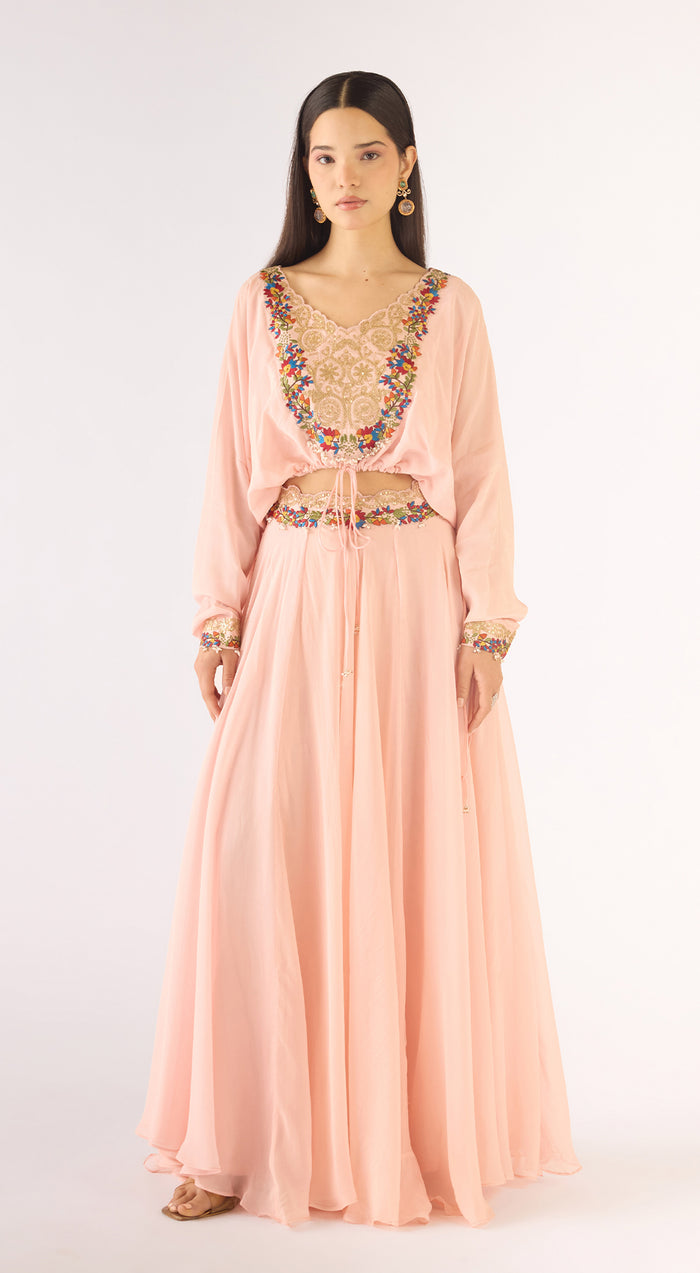 Pink Satin Crepe Embroidered Skirt Set