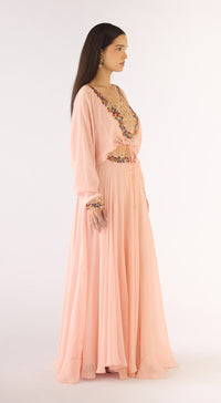 Pink Satin Crepe Embroidered Skirt Set