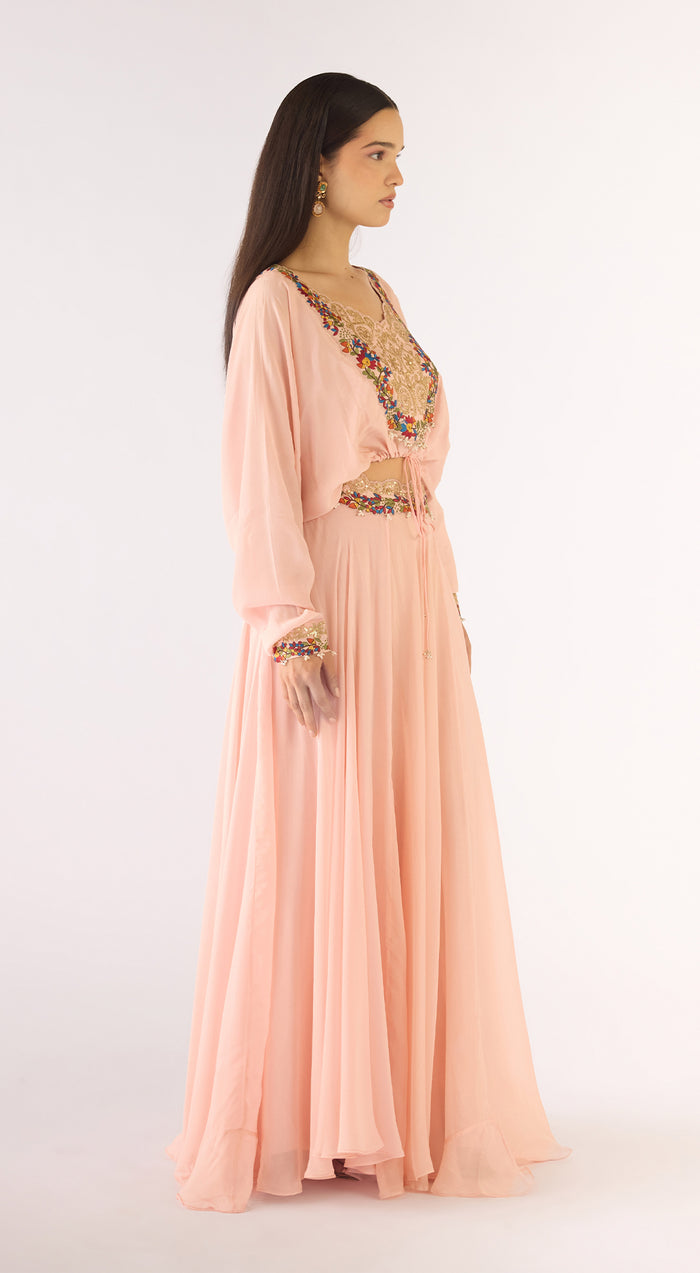 Pink Satin Crepe Embroidered Skirt Set