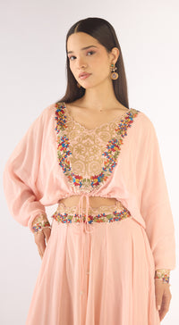 Pink Satin Crepe Embroidered Skirt Set