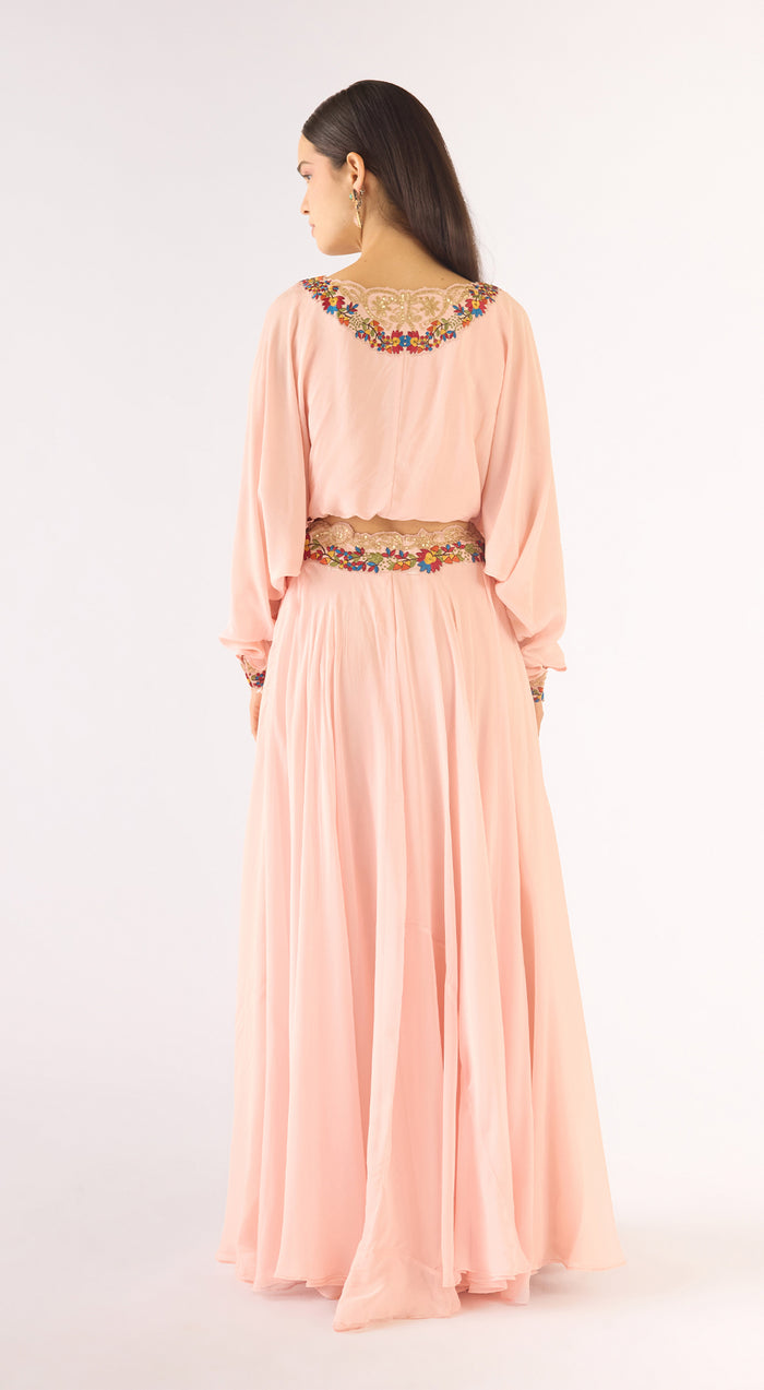 Pink Satin Crepe Embroidered Skirt Set
