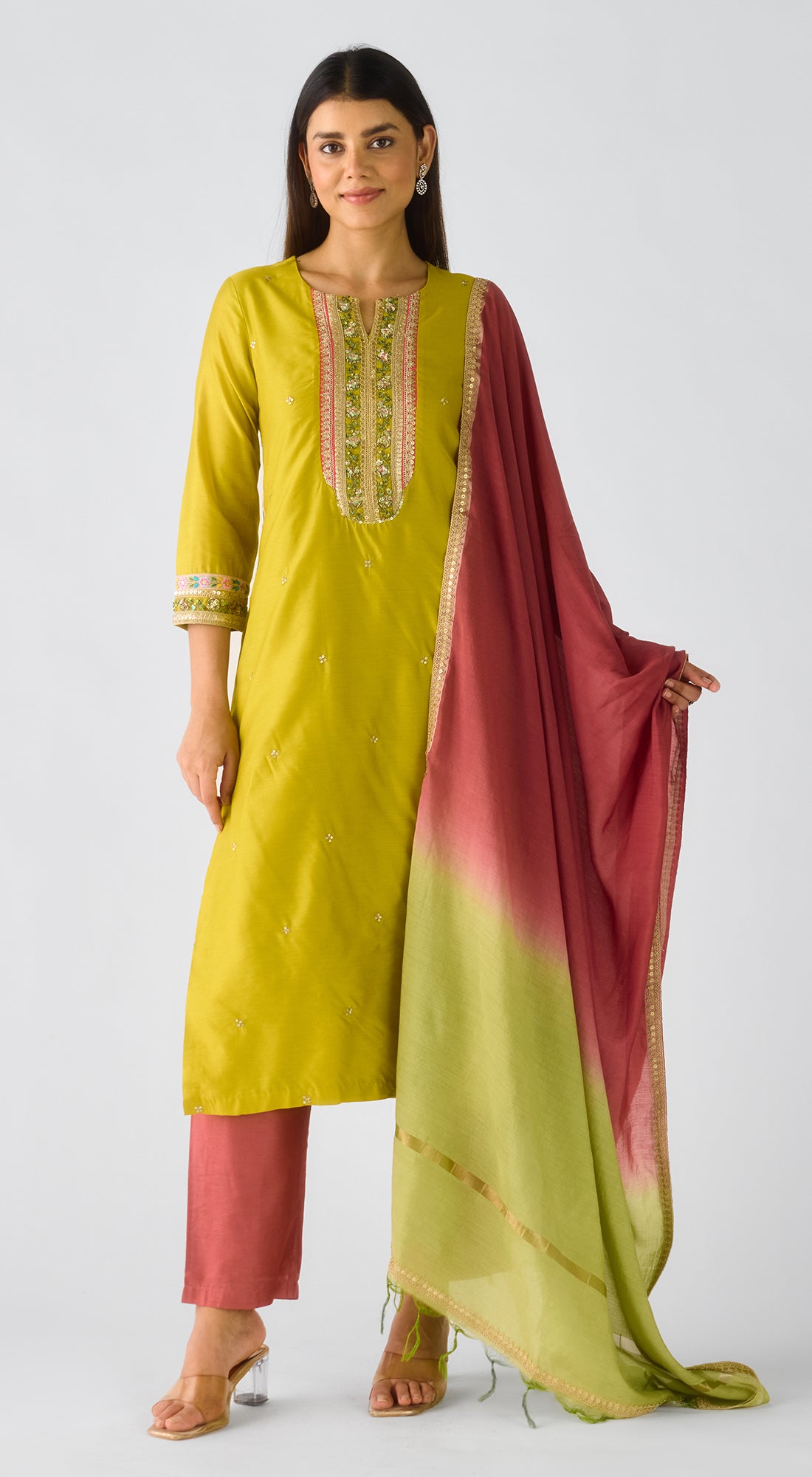Mustard Chanderi Embroidered Suit Set
