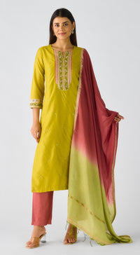 Mustard Chanderi Embroidered Suit Set
