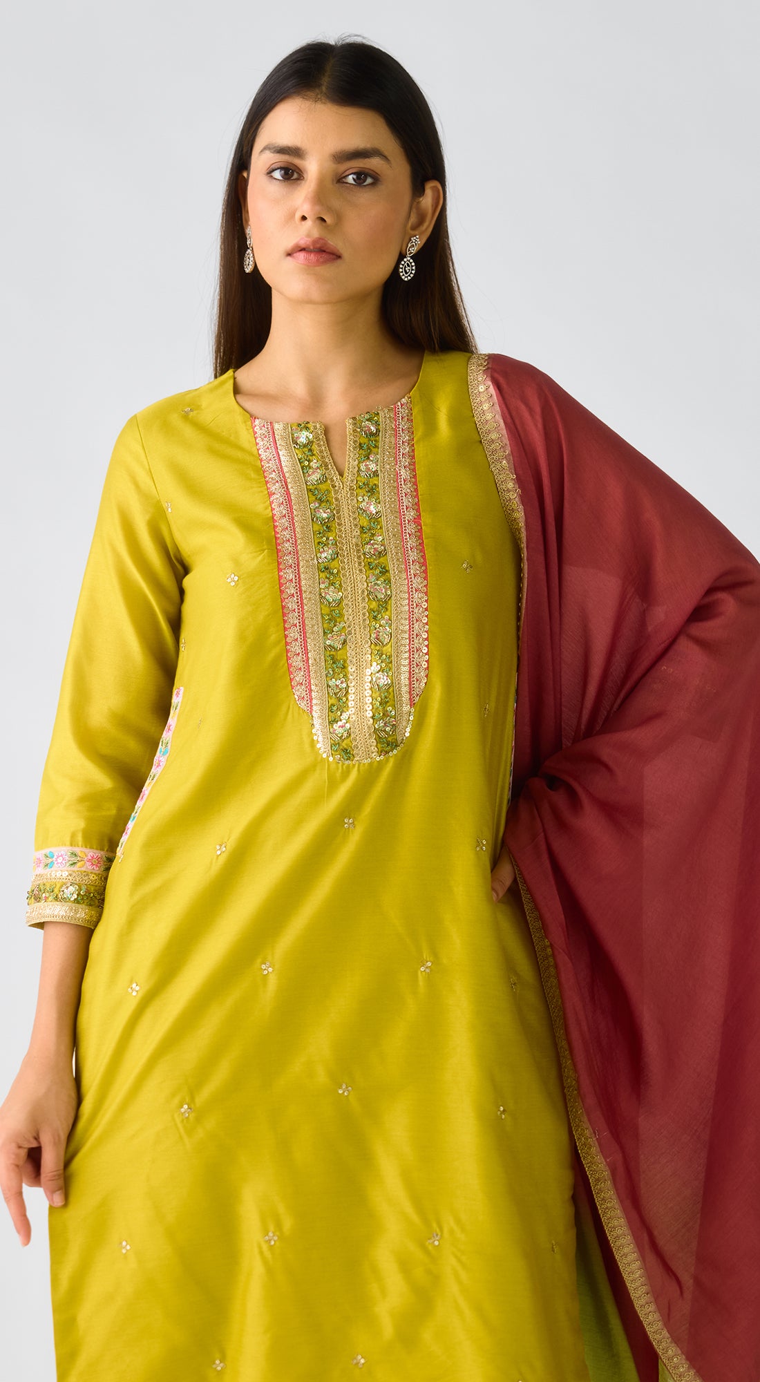 Mustard Chanderi Embroidered Suit Set