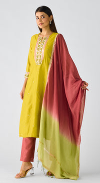 Mustard Chanderi Embroidered Suit Set
