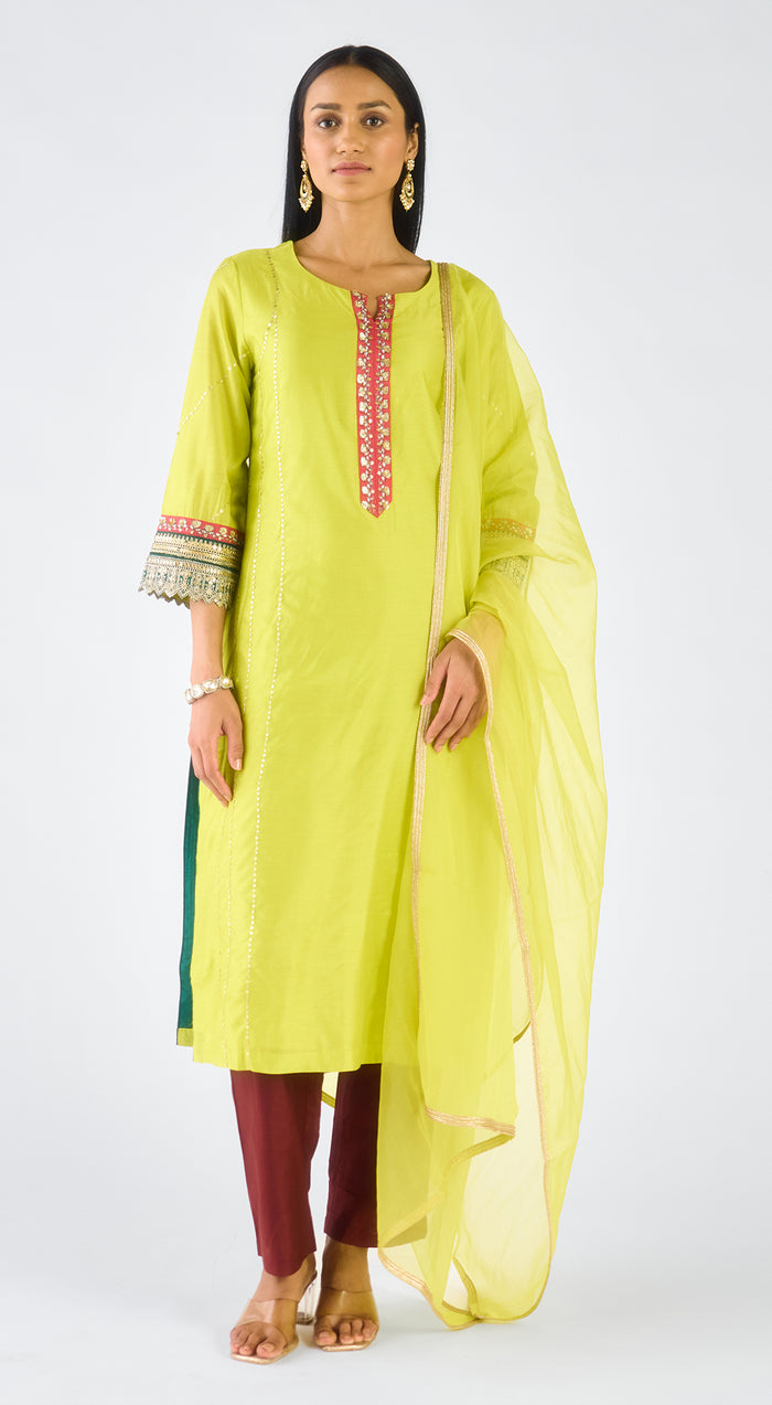 Lime Chanderi Embroidered Suit Set