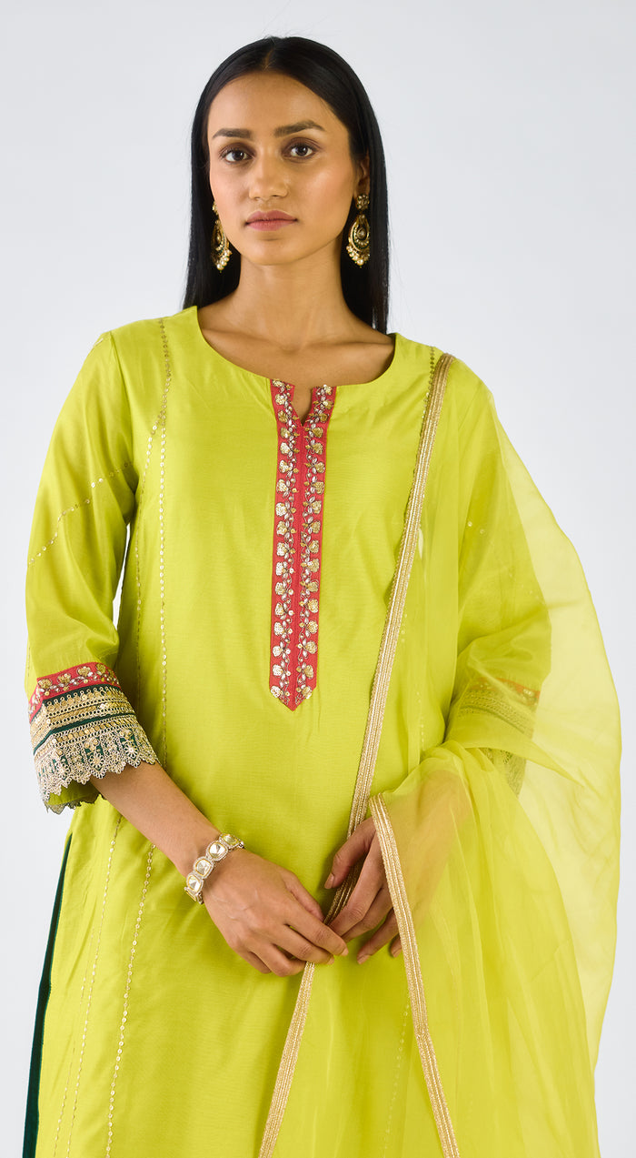 Lime Chanderi Embroidered Suit Set