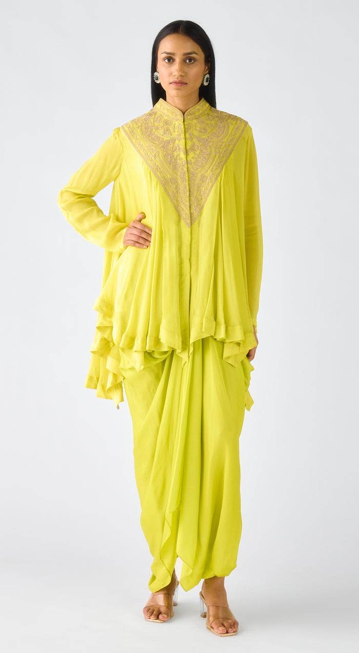 Lime Chiffon Embroidered Cape Set
