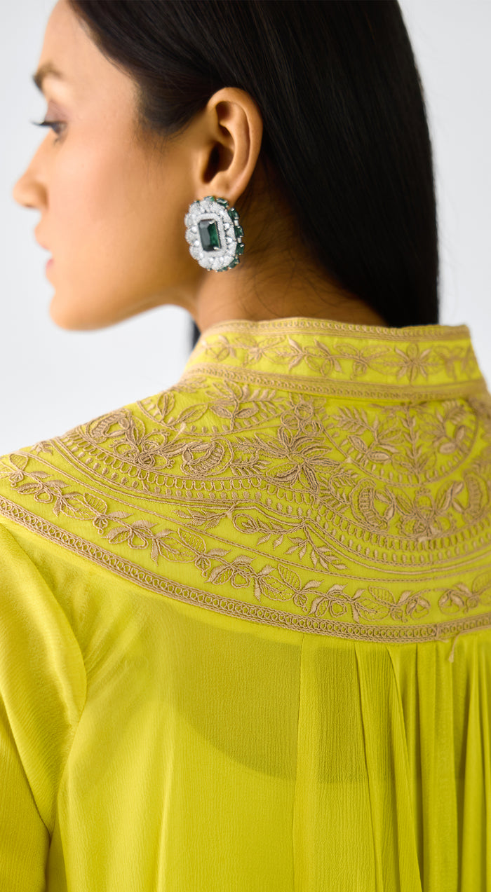 Lime Chiffon Embroidered Cape Set
