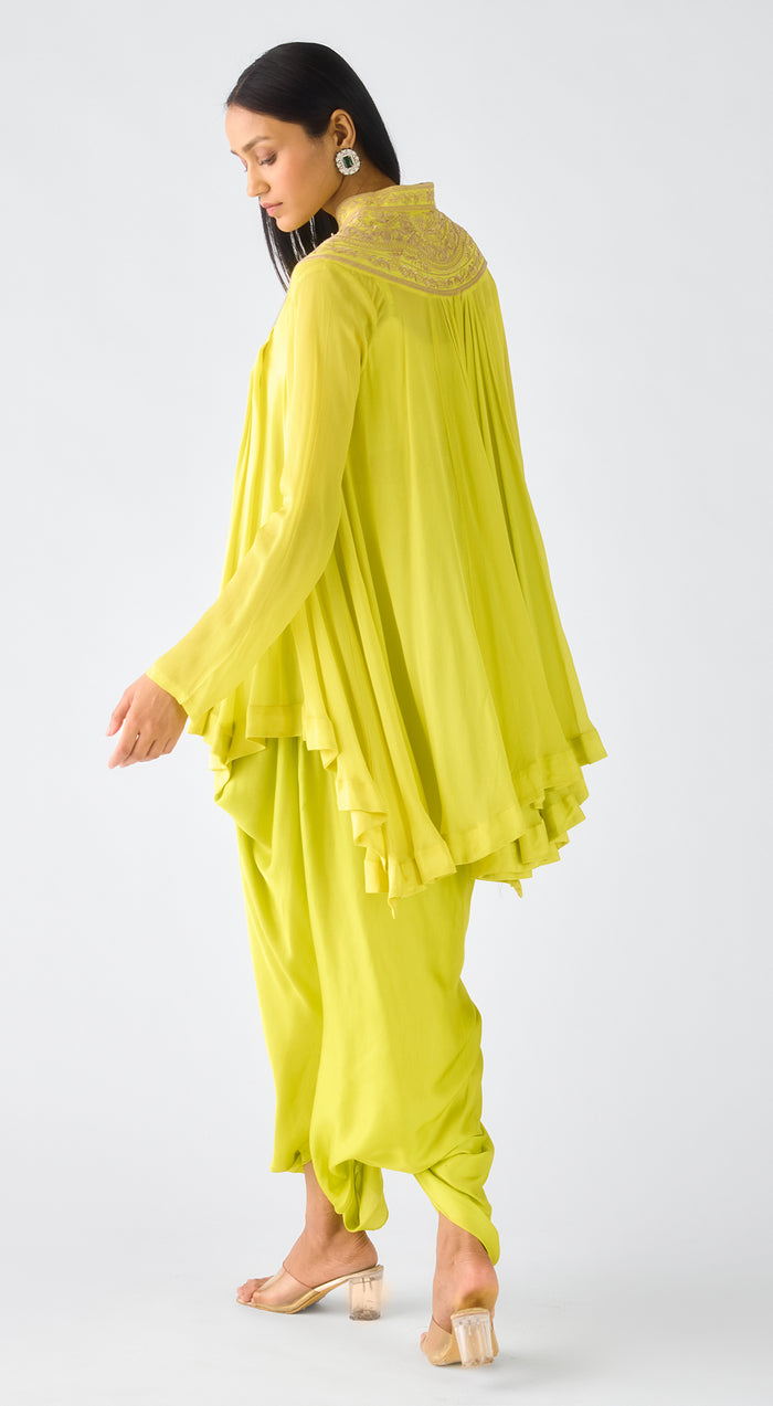 Lime Chiffon Embroidered Cape Set