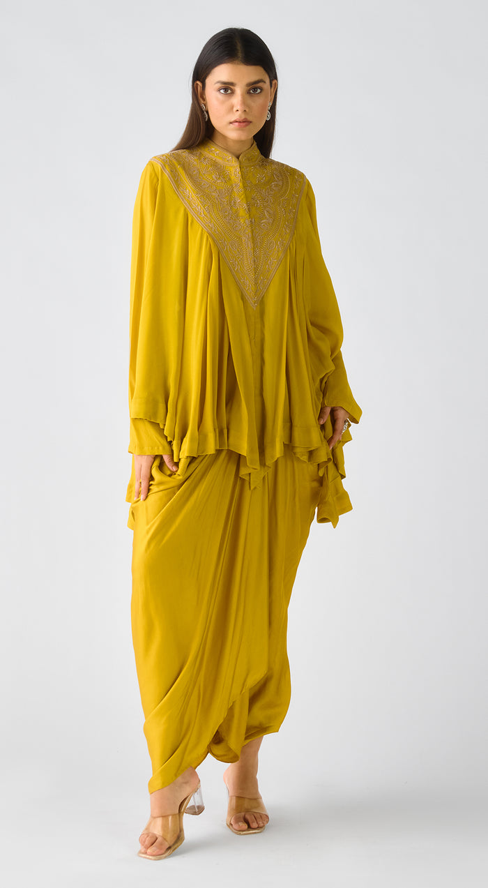 Mustard Chiffon Embroidered Cape Set