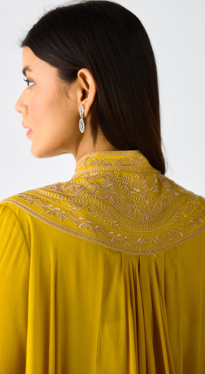 Mustard Chiffon Embroidered Cape Set