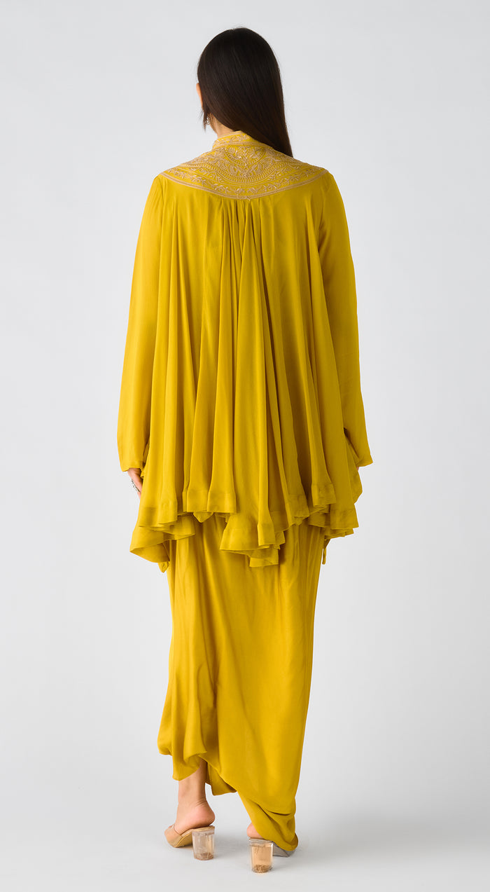 Mustard Chiffon Embroidered Cape Set