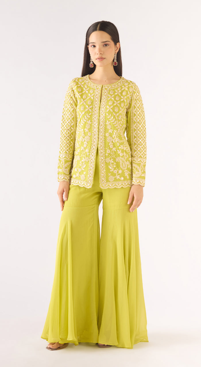 Lime Georgette Embroidered Sharara Set