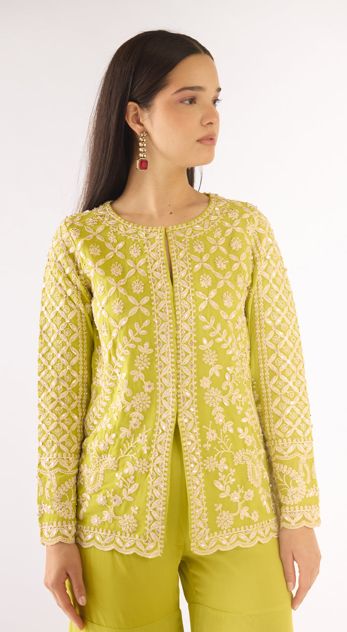 Lime Georgette Embroidered Sharara Set