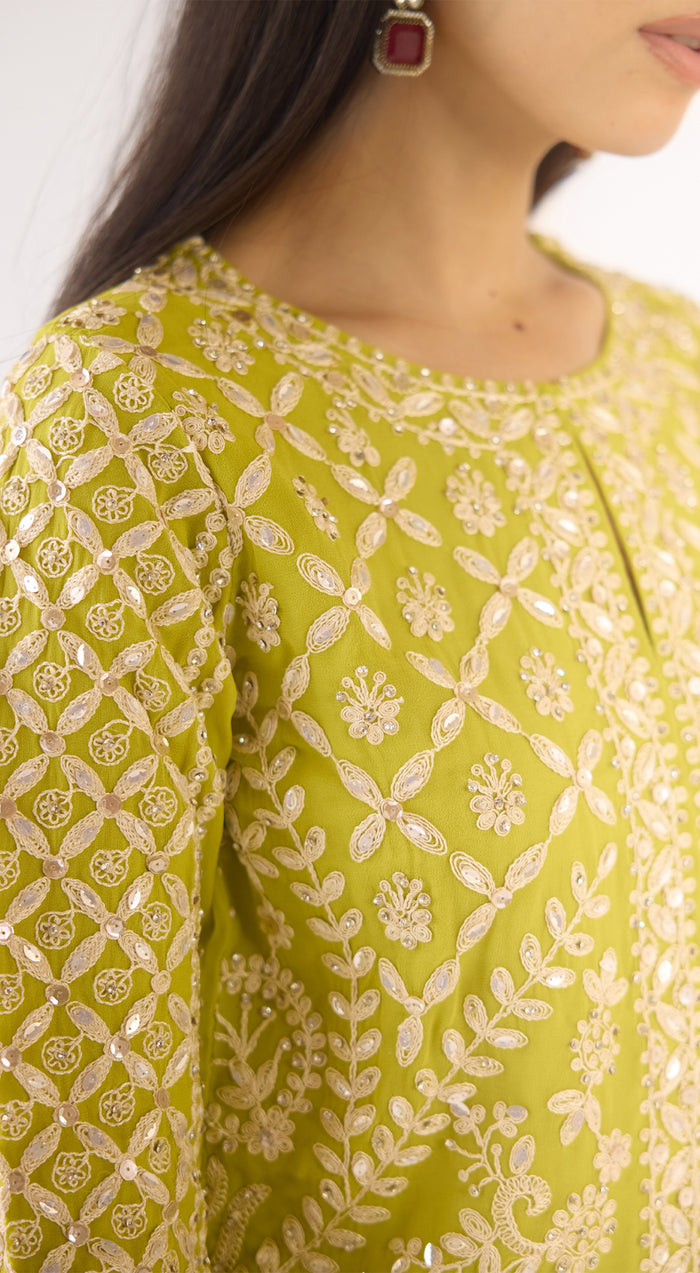 Lime Georgette Embroidered Sharara Set
