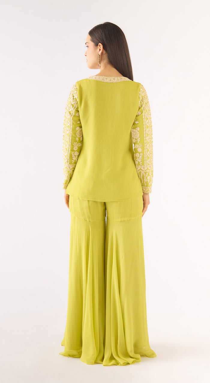 Lime Georgette Embroidered Sharara Set