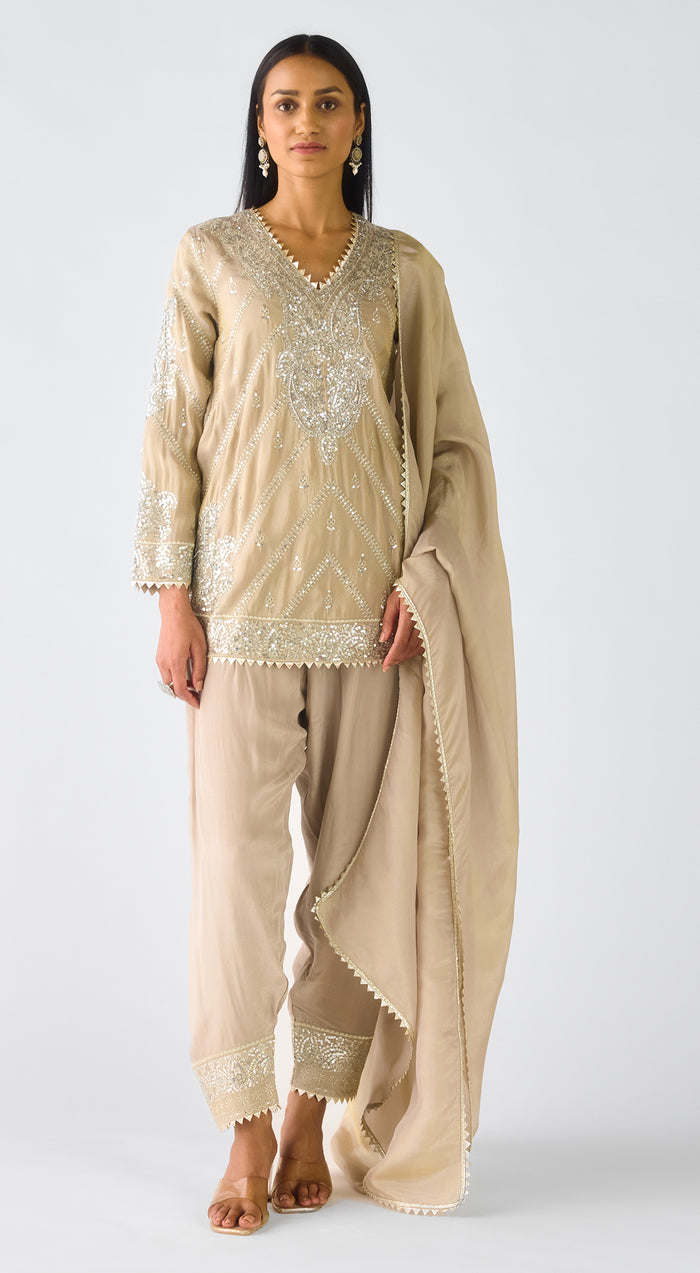 Grey Tissue Embroidered Suit Set