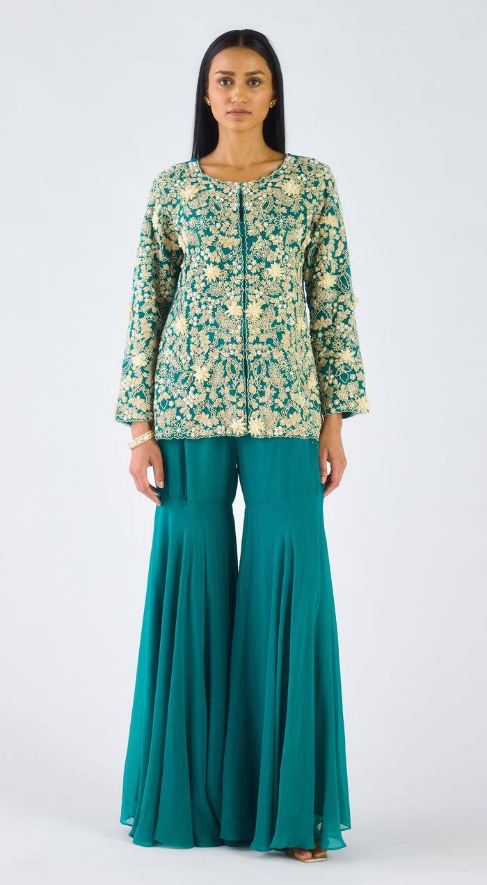 Green Georgette Embroidered Sharara Set