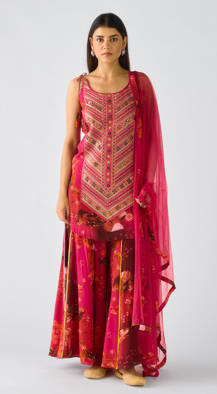 Deep Pink Crepe Embroidered Sharara Set