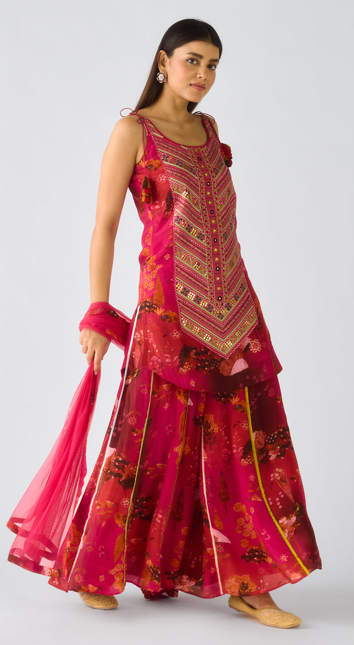 Deep Pink Crepe Embroidered Sharara Set
