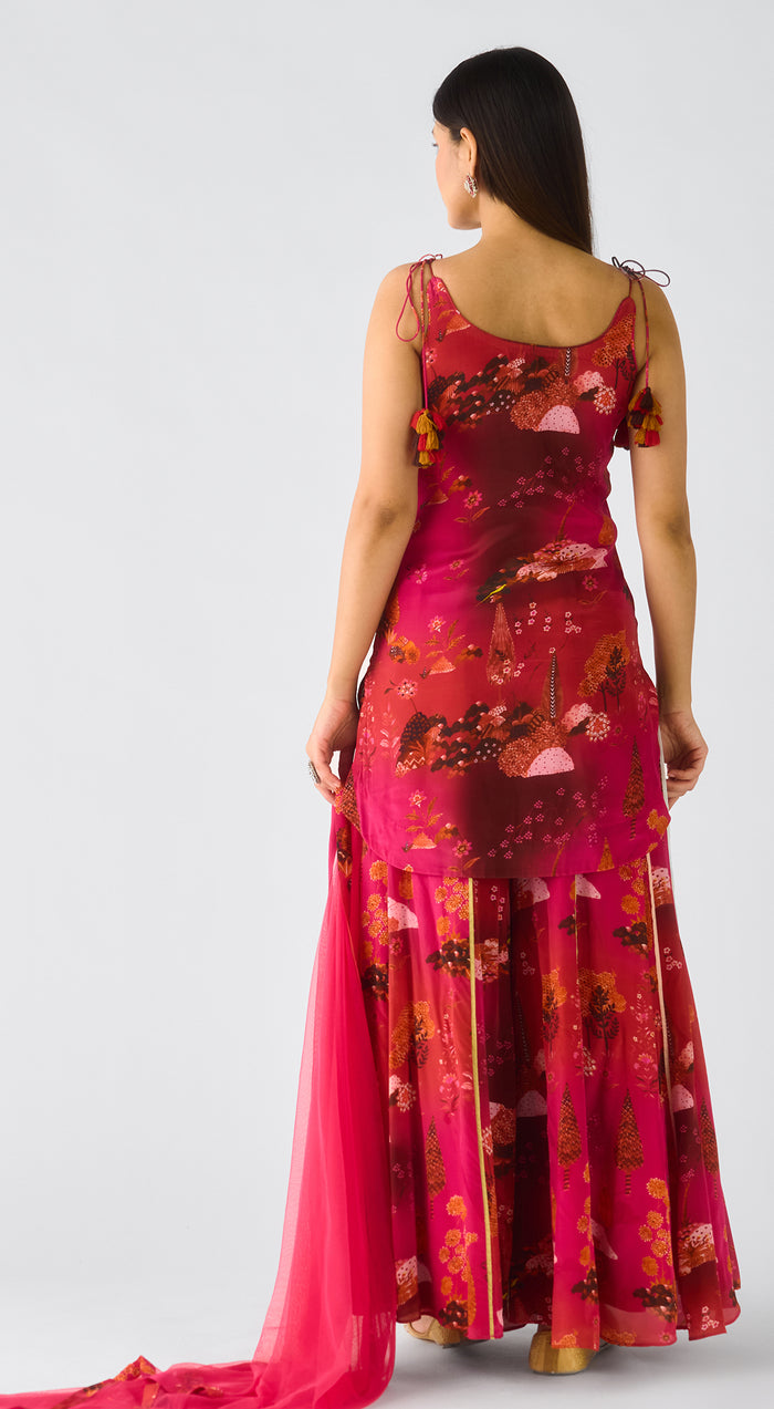 Deep Pink Crepe Embroidered Sharara Set