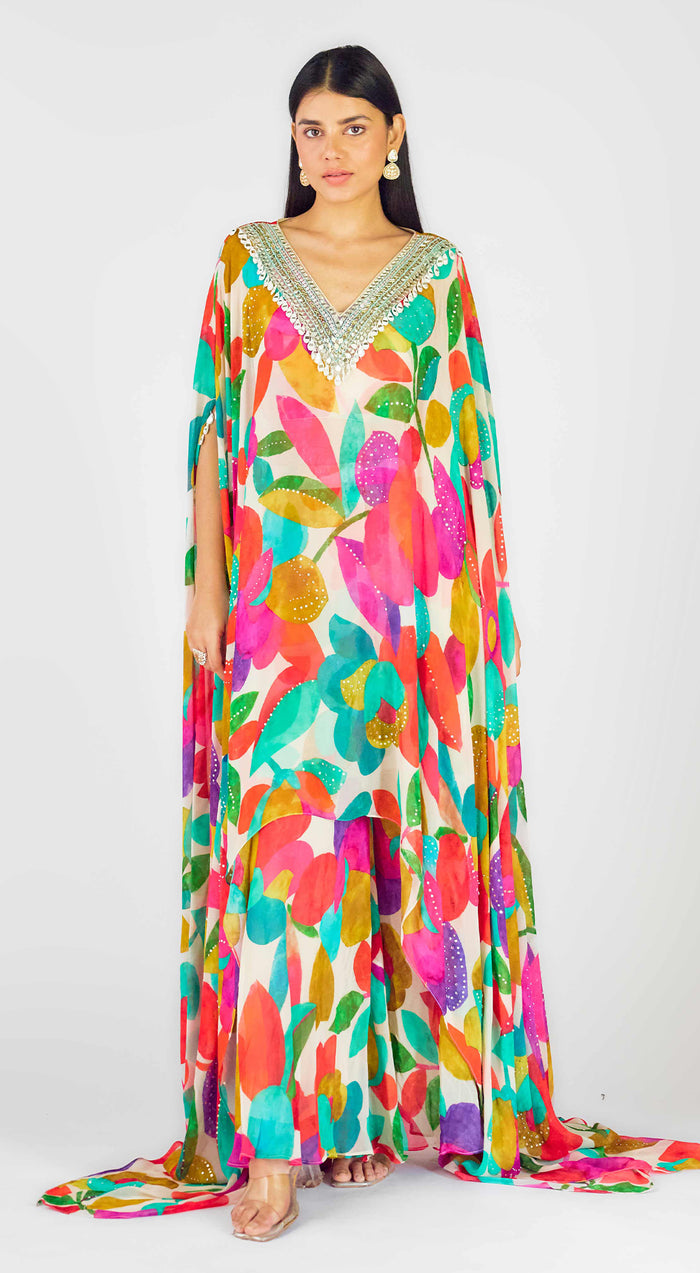 Multi Georgette Abstract Kaftan Sharara Set