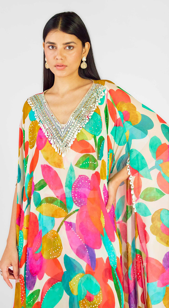 Multi Georgette Abstract Kaftan Sharara Set
