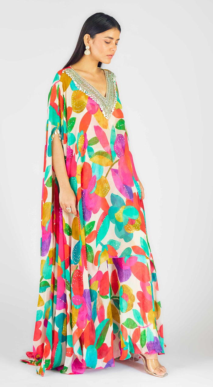 Multi Georgette Abstract Kaftan Sharara Set