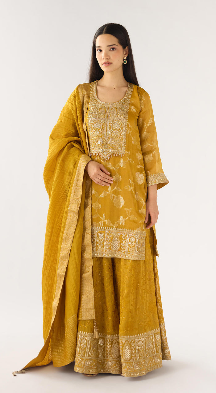 Mustard Banarasi Embroidered Sharara Set