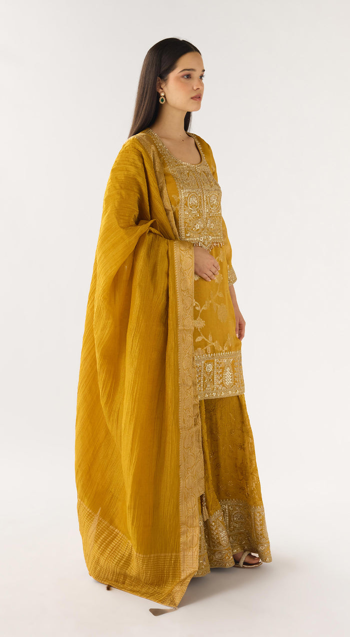 Mustard Banarasi Embroidered Sharara Set