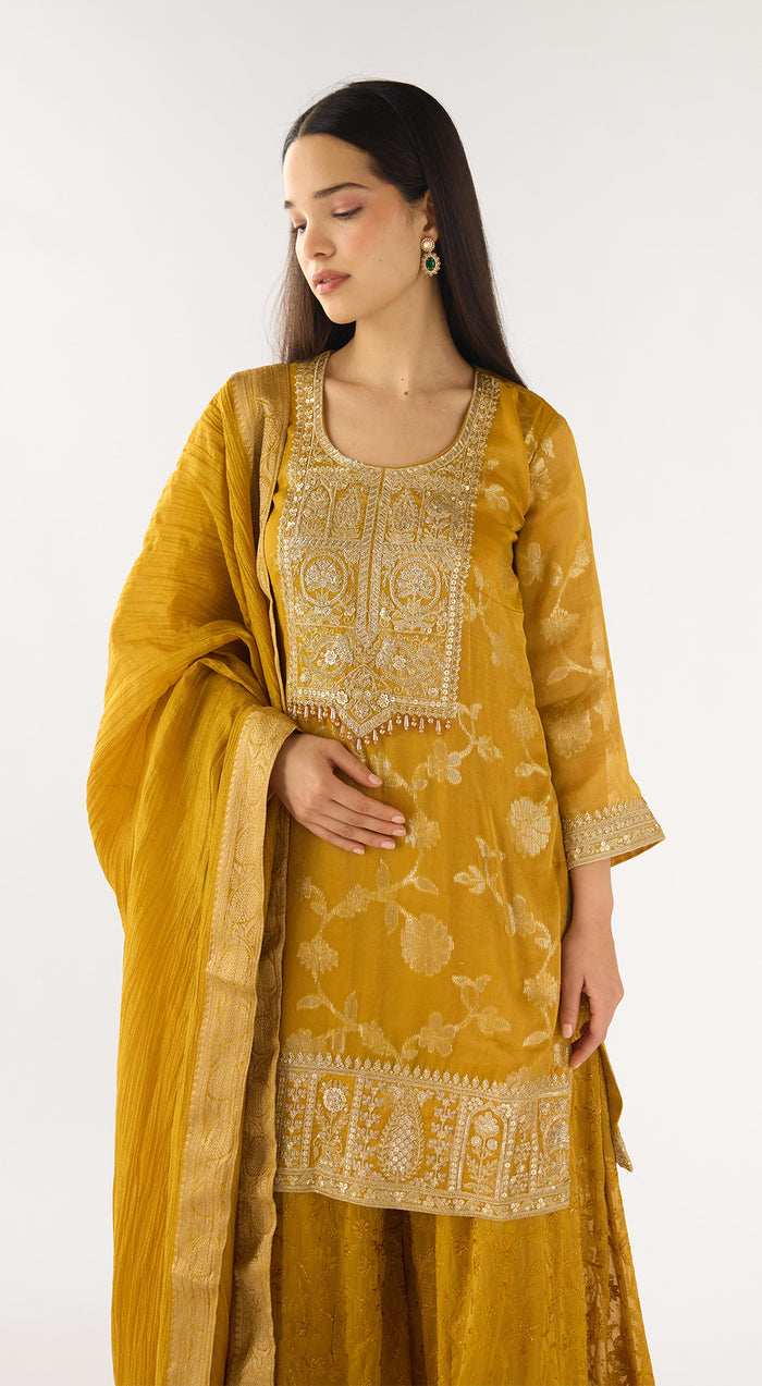 Mustard Banarasi Embroidered Sharara Set