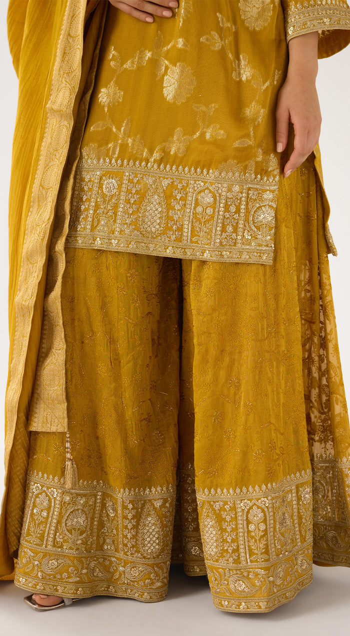 Mustard Banarasi Embroidered Sharara Set