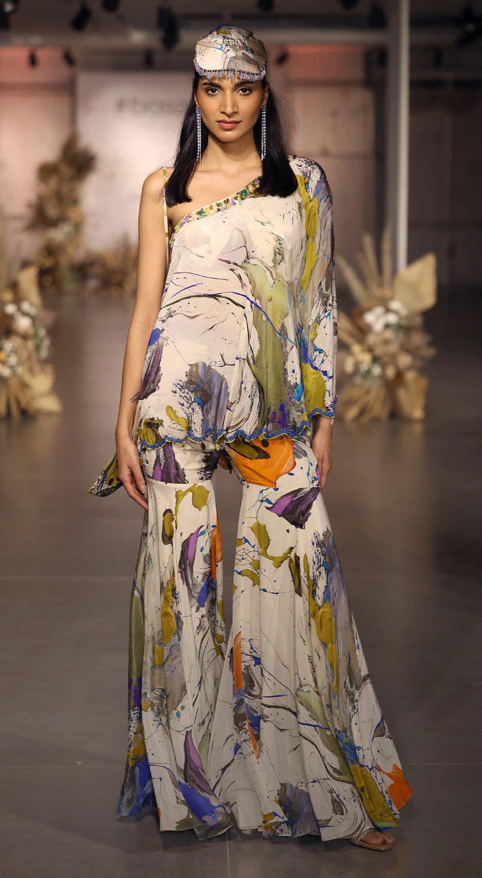 The Abstract Strokes One Shoulder Sharara Set