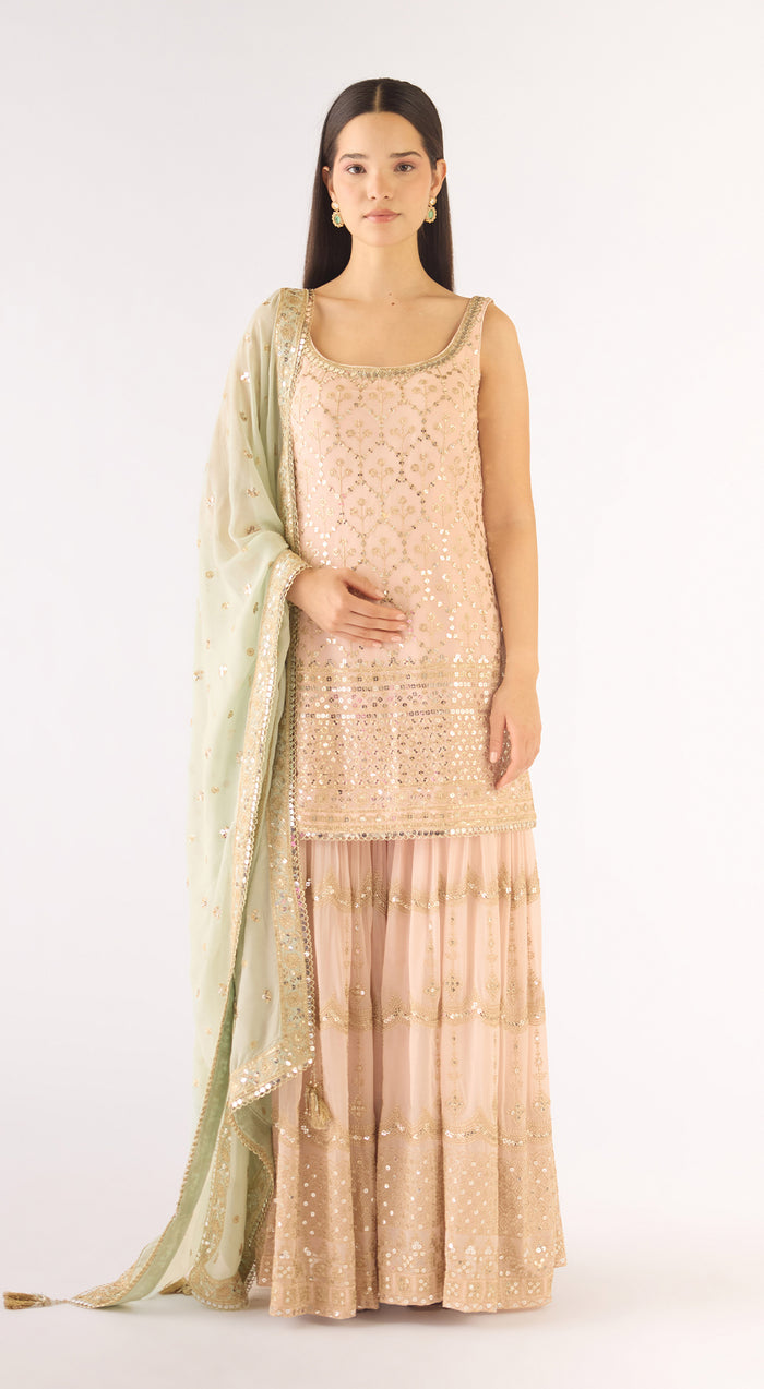 Peach Georgette Embroidered Sharara Set