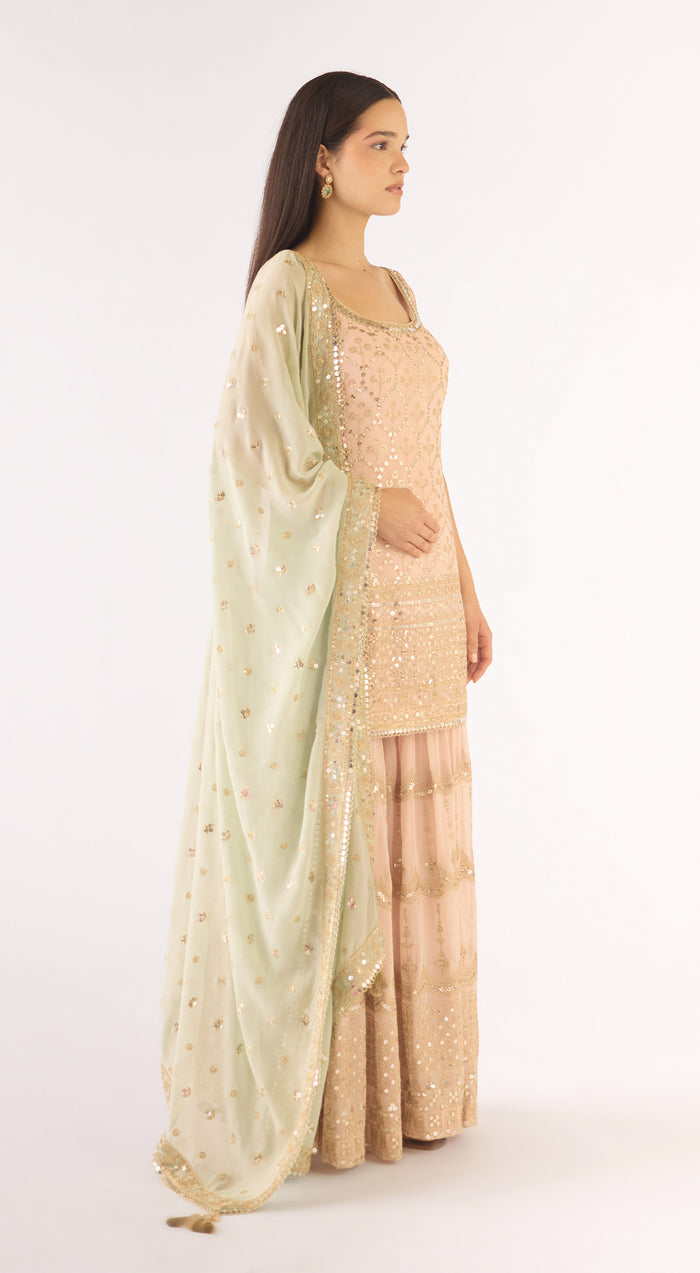 Peach Georgette Embroidered Sharara Set