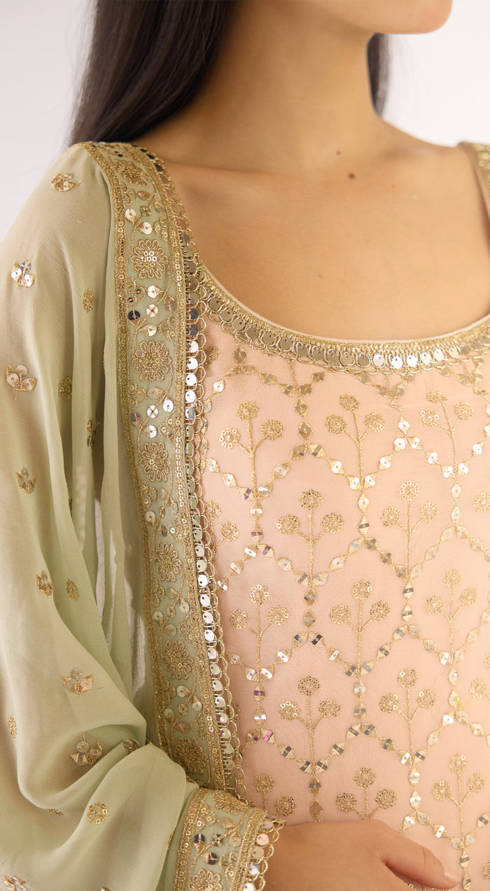 Peach Georgette Embroidered Sharara Set