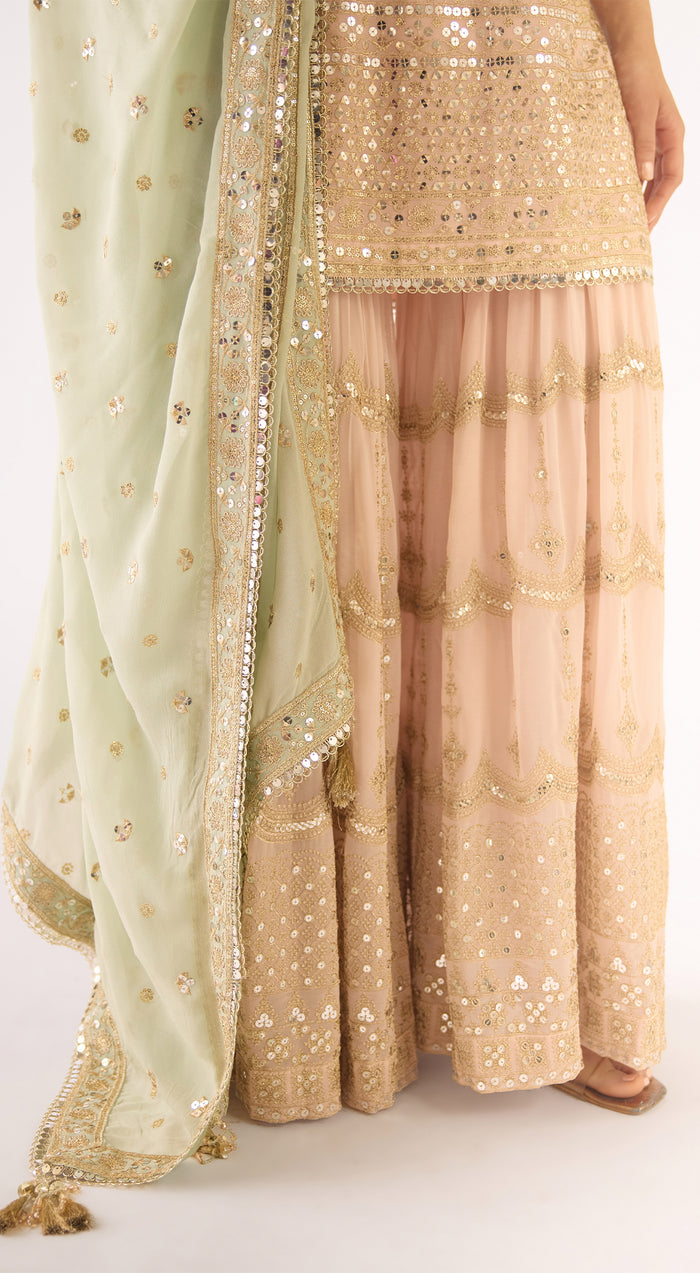 Peach Georgette Embroidered Sharara Set