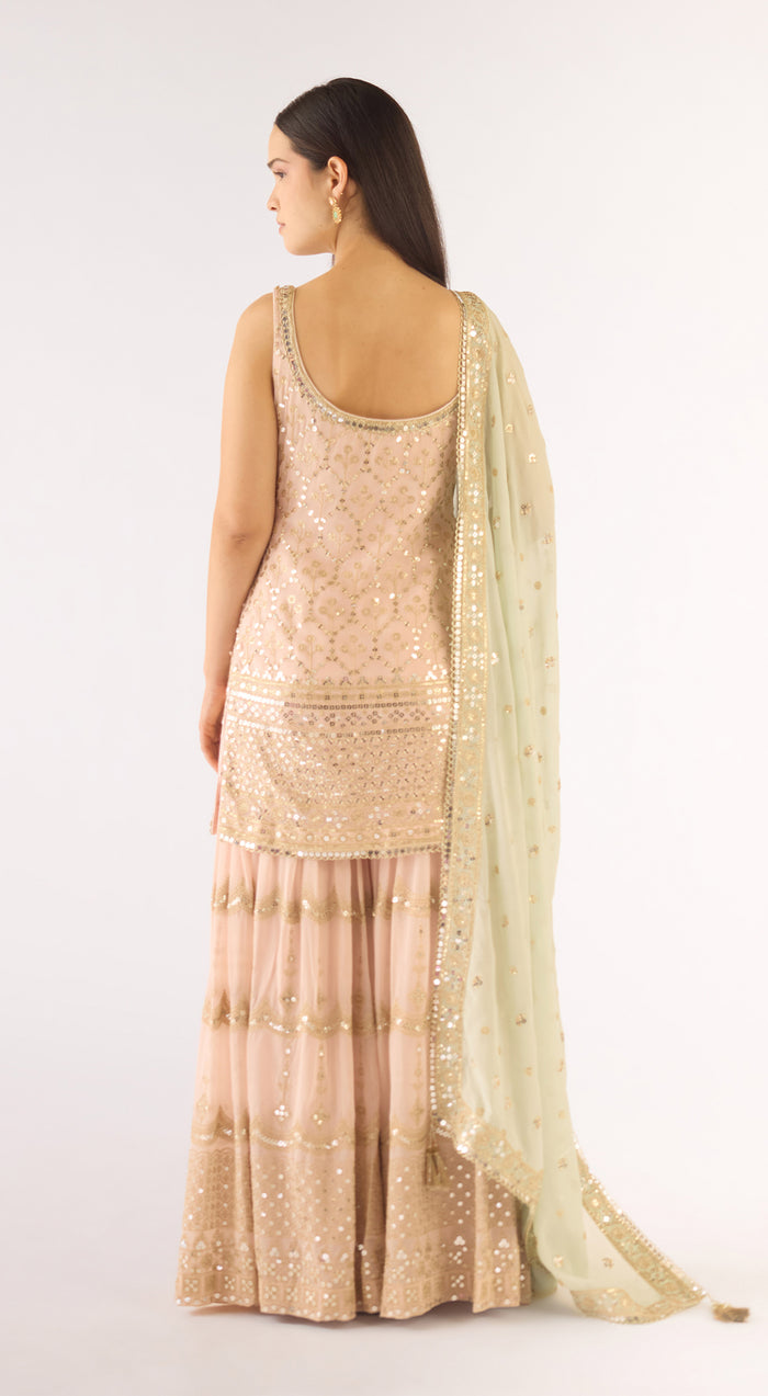 Peach Georgette Embroidered Sharara Set