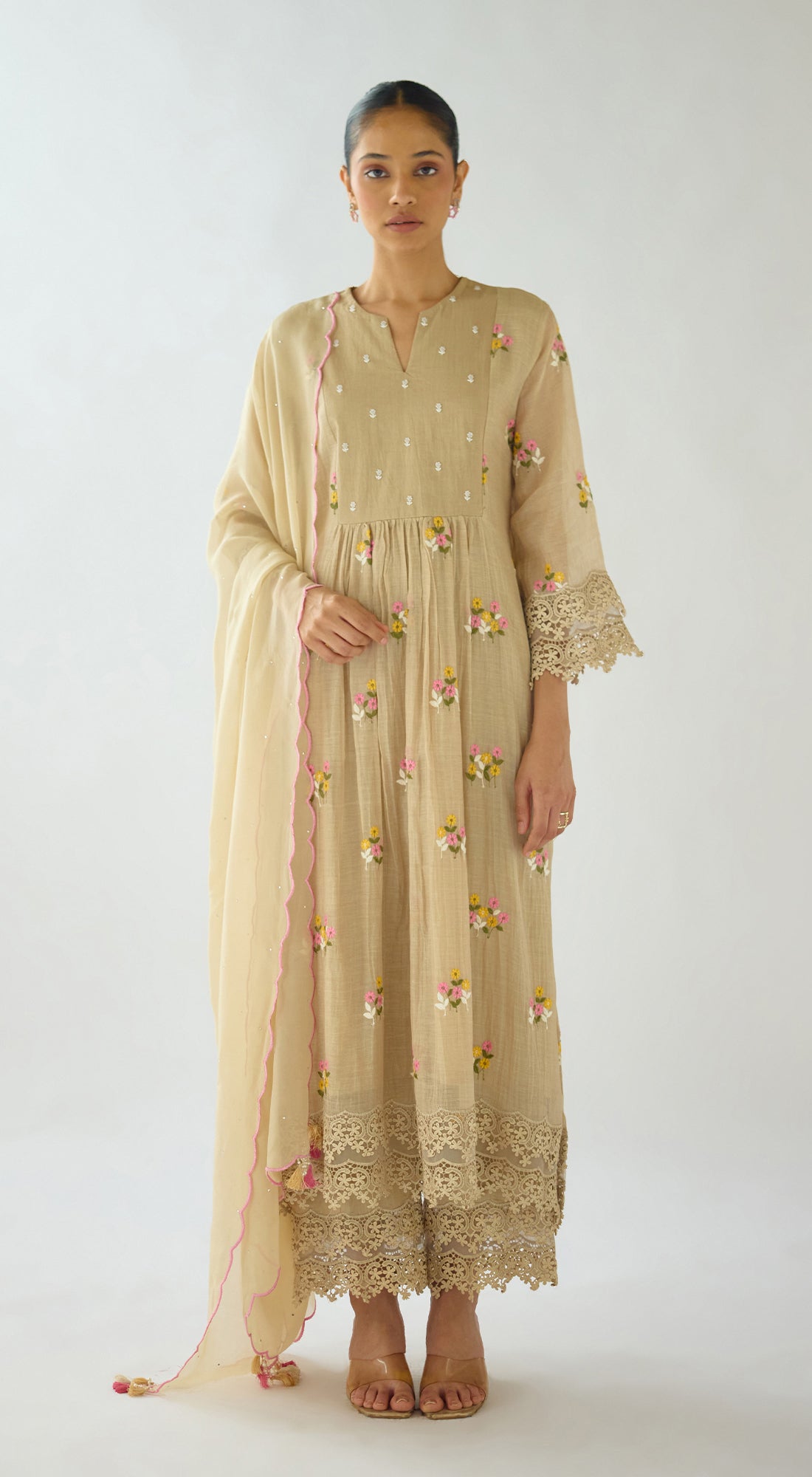 Beige Embroidered Cotton Kurta Set