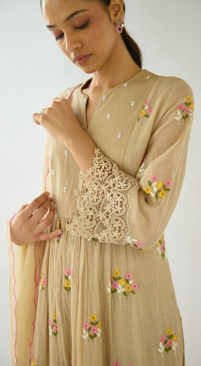 Beige Embroidered Cotton Kurta Set